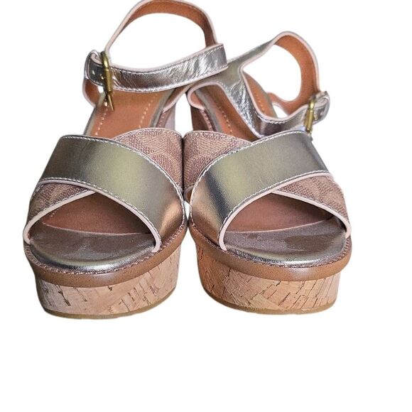 Coach Women's Size 7 Tan Gold Cork Leather Ankle Strap Wedge Sandals - Picture 4 of 8